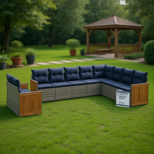 Ensemble de canapés de jardin en polyrotin gris avec coussins, mobilier d'extérieur contemporain, 10 places, structure en teck - Product Image 2