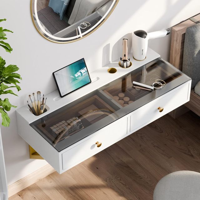 Glass Top Wall Mounted Floating Vanity Desk, Two Drawers & Shelf. Black Gold Ideal for Makeup in Bedroom, Bathroom and Salon
