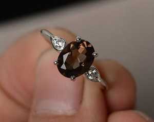 Anillo fino de Plata de Ley 925, Natural cuarzo ahumado, ónix de boda, Perla de diamante ovalado, joyería de piedra natal de diciembre para aniversario - Product Image 2