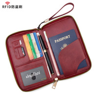 Pochette de voyage multifonctionnelle en PU avec fermeture éclair longue, pour billets d'avion et documents, avec protection RFID