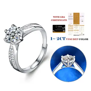 großhandel 925er Sterling-Silber-Schmuck 1ct 2ct Klassik Moissanit Diamant offen einstellbarer Ring Hochzeit Verlobungsring für Damen