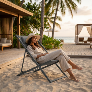 Chaise pliante d'extérieur avec cadre en acier, dossier réglable, chaise longue de plage en maille respirante, chaise de patio pour jardin - Product Image 3