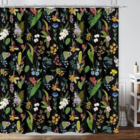Rideau de douche noir floral rustique Boho, feuilles d'aquarelle vintage avec fleurs rideau de douche de décoration de salle de bain avec crochets