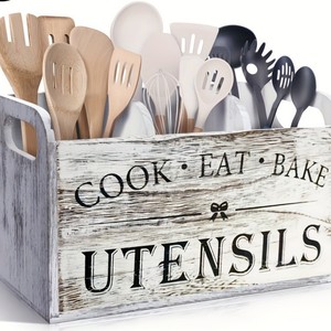 Boîte à couverts en bois rustique à 3 compartiments, support pour ustensiles de cuisine, rangement pour fourchettes, cuillères, spatules - Product Image 1
