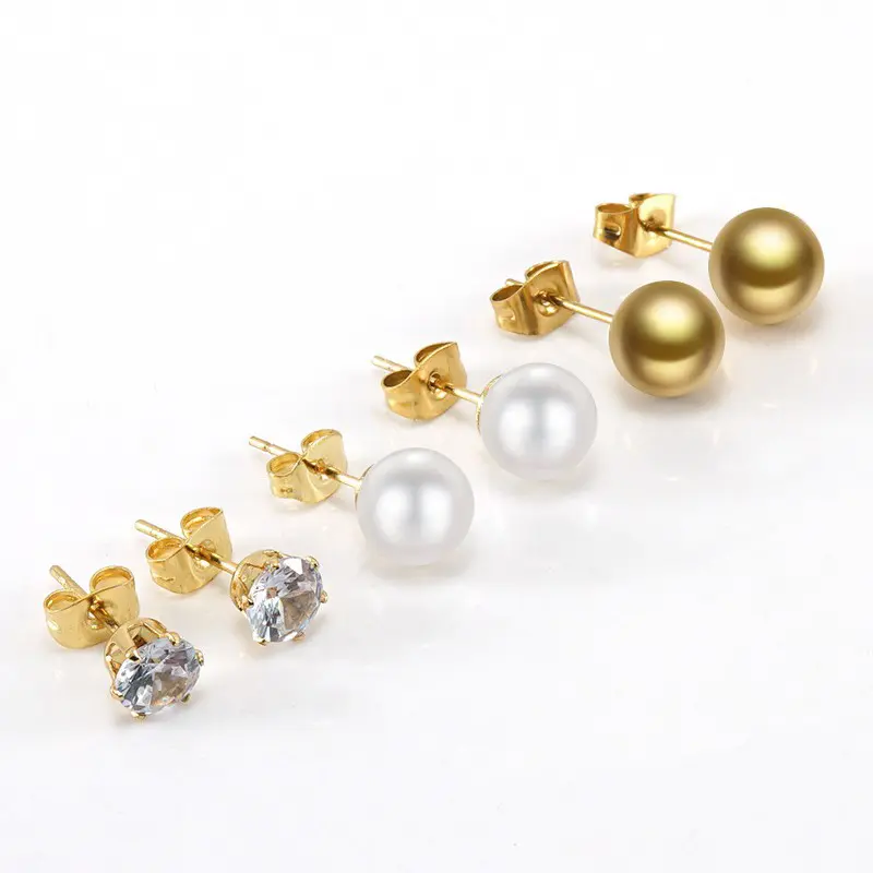 Titanium jewelry 18k gold plated round diamonds stainless steel ball earrings pearl stud earrings