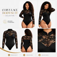 En gros, Body sculptant personnalisé pour femme, grande taille, en dentelle noire, manches longues, avec effet gainant en maille pour la taille et contrôle du ventre