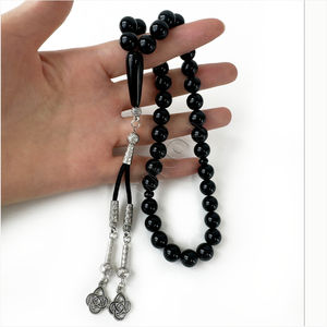 천연 블랙 마노 Aqeeq 10mm 타원형 비즈 아연 합금 + 스테인레스 스틸 이슬람기도 비즈 Tasbih 이슬람 묵주 - Product Image 1