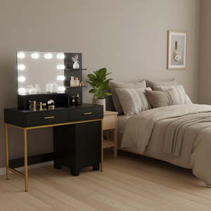 Set Toeletta FCH con Specchio LED, 2 Cassetti, 3 Ripiani, Scrivania da Camera da Letto, Design Moderno, MDF Nero - Product Image 2