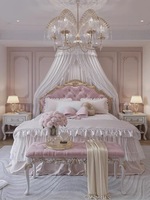 Ensemble de lit double en bois sculpté avec des papillons roses et des fleurs, style princesse, chambre de fille, design précieux, style italien, Milan