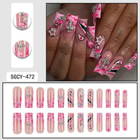 Uñas postizas de ataúd largas de acrílico ABS prensado estilo Y2K al por mayor con cobertura completa, pedrería de cristal y pegamento para uñas a presión.