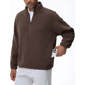 FOXA <b>Men's</b> Half Zip Fleece <b>Pullover</b> Sweatshirt Stand Collar Winter Warm Brown Oversized With Pocket - Product Image 4