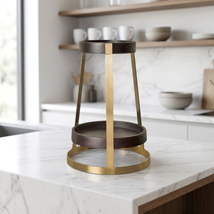 Tall Two Tier Display Stand Round Dark Finish <b>Trays</b> Angled Brushed Gold Metallic Struts Supporting Circular Base Ring Food Dish - Product Image 1