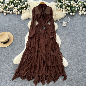 Taglie forti estivo con scollo a V tunica sottile abito Maxi Casual da donna impero abito di pizzo arruffato - Product Image 3