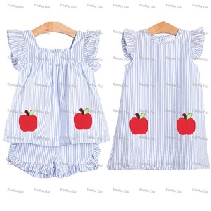 Vêtements pour enfants Ensembles de vêtements pour filles Seersucker d'été Retour à l'école avec appliques Apple Robes pour bébés filles - Product Image 1