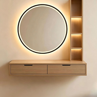 Meuble-lavabo mural flottant blanc avec miroir LED irrégulier, console de maquillage suspendue à double tiroir pour salon et chambre