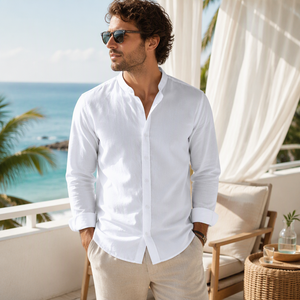 Camicie da <span class=keywords><strong>Uomo</strong></span> in <span class=keywords><strong>Lino</strong></span> OEM, <span class=keywords><strong>Camicia</strong></span> in Misto <span class=keywords><strong>Lino</strong></span> e Cotone, Manica Lunga, Vestibilità <span class=keywords><strong>Slim</strong></span>, Colletto alla Coreana, Camicie Casual per <span class=keywords><strong>Uomo</strong></span> - Product Image 1