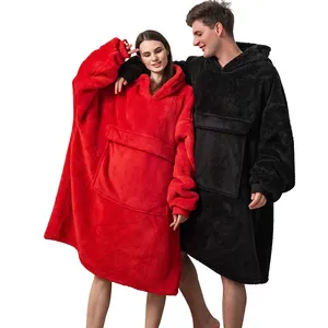 Oversize Fleece Hoodie Blanket Pillow Hoodies Women Oversized Hooded Sweatshirt Winter Thick Fleece TV Blanket With Sleeves Giant Pockets Solid Sweatshirt