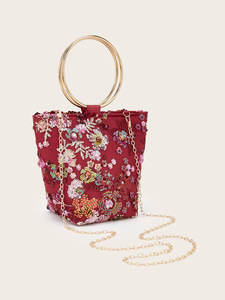 Floral <b>Sequin</b> Embroidery Tote Bag Women Metal Ring Handle <b>Handbag</b> Large Capacity Canvas Shoulder Bag Handmade Bucket Purse - Product Image 2