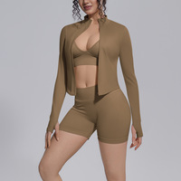 Ensemble de sport 2 pièces en maille sans couture pour femme avec soutien-gorge dos nu, short et veste zippée en coton et élasthanne, idéal pour l'entraînement estival