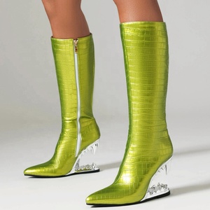 Botas altas hasta la rodilla para mujer con tacón de cuña, diseño de dientes, estampado animal, cremallera lateral y color liso - Product Image 1