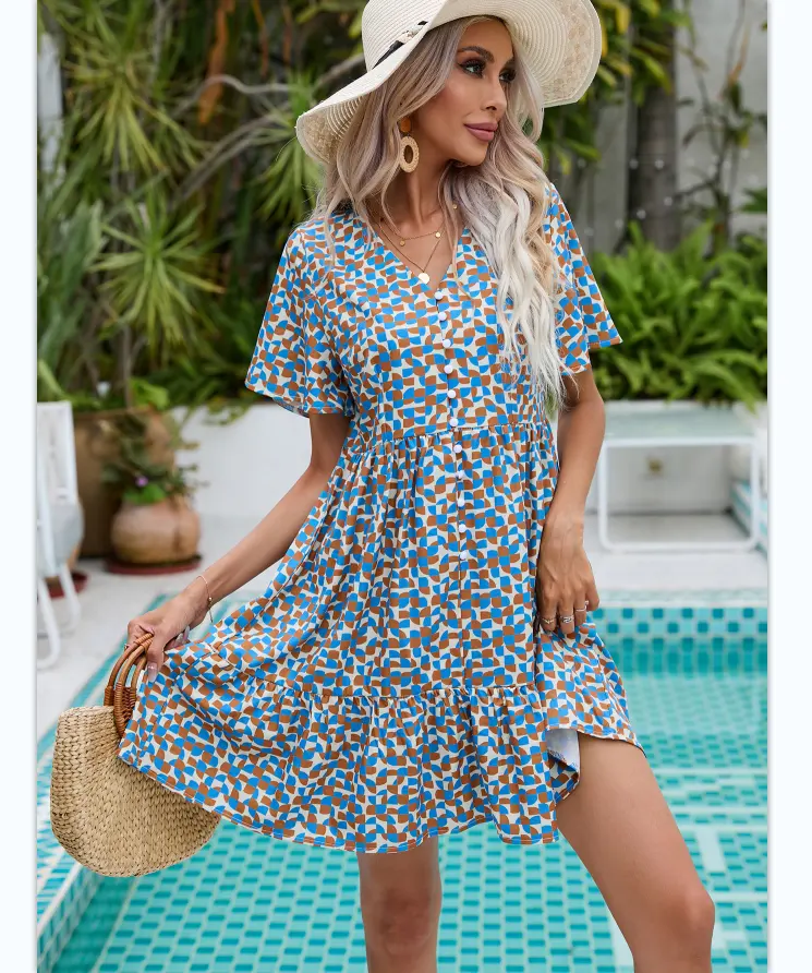 2023 Top Selling Products Solid Short Sleeve Summer Tie Front Knitted Women Midi Dress