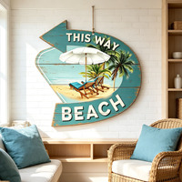 Panneau de bienvenue 'Beach This Way' pour porte d'entrée, décoration murale en bois style Art Déco, couronnes suspendues pour porche de ferme, décor d'été et d'automne