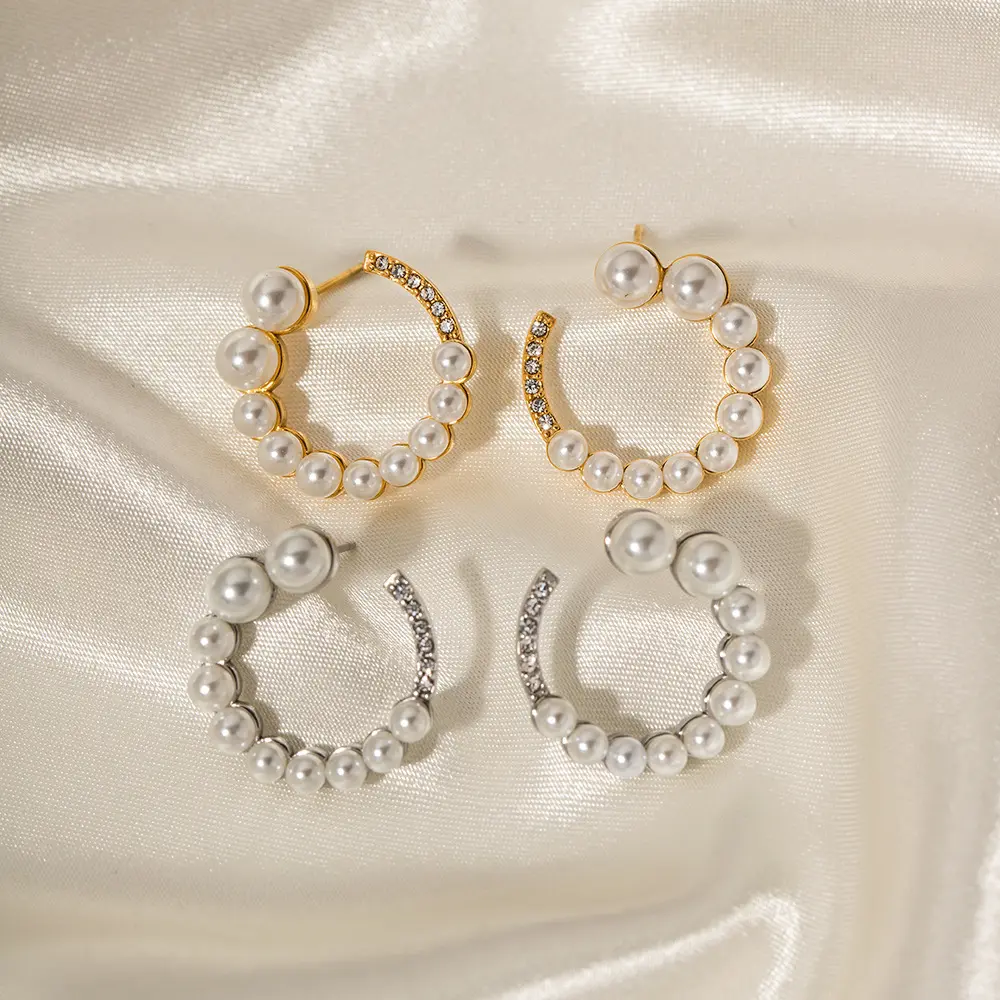 2023 Design Fashion Women Elegant Style Earrings Stainless Steel 18K Gold Plated Diamond Pearl C Earrings Waterproof Jewelry