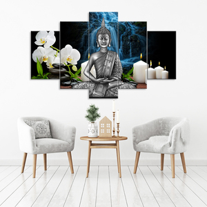 Decoración de pared pintura Buda arte imagen papel pintado retrato Deco venta al por mayor rústico hogar 5 paneles lienzo - Product Image 3