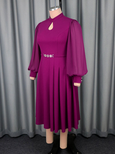 AM050651 elegante autunno con colletto rialzato ritagliato in Chiffon manica lunga lanterna a trapezio viola abito Casual <span class=keywords><strong>donna</strong></span> Plus Size formale - Product Image 5