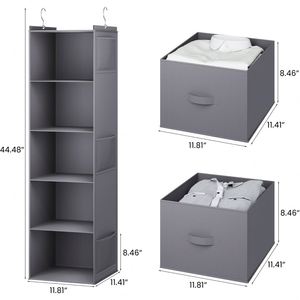 Foldable 5 Tier Hanging Closet <b>Shelf</b> Non-Woven Fabric Closet Organizer with Drawer &2 Strong <b>Hooks</b> Space Saving Wardrobe Storage - Product Image 2