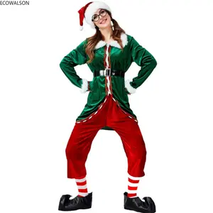Ecowalson 크리스마스 의상 긴 소매 녹색 파티 엘프 드레스 성인 여성 크리스마스 의류 의상