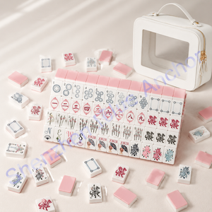 Bộ cờ Mahjong Mỹ cao cấp 4 lớp acrylic màu hồng thiết kế riêng, mặt đá xà cừ, quà tặng ngày lễ