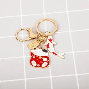 Cartoon Animal Doll Lucky Cat with Fish Bag Hanging Accessories Keychain