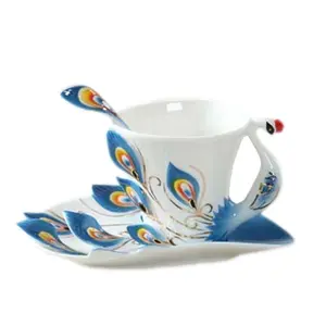 Creative and personalized gift tea set, enamel porcelain peacock coffee cup and plate set, Chinese elegant ceramic cup