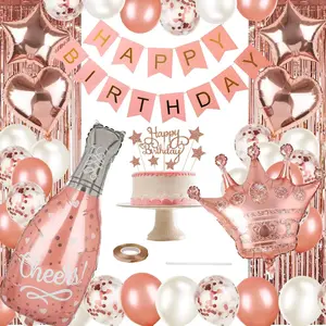 Forniture per feste di compleanno in oro rosa fortunato buon compleanno Banner Star Heart Foil Balloons set di decorazioni per feste di compleanno in oro rosa