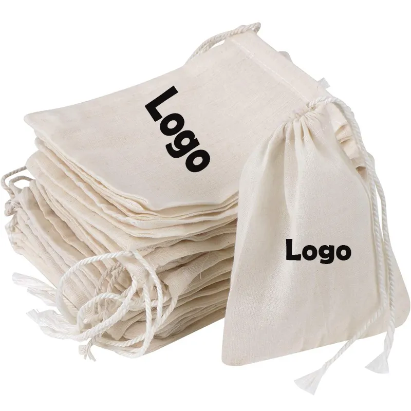 Wholesale Custom Logo Personalized Soft Fabric Calico Canvas Cotton Drawstring Bag With Double String