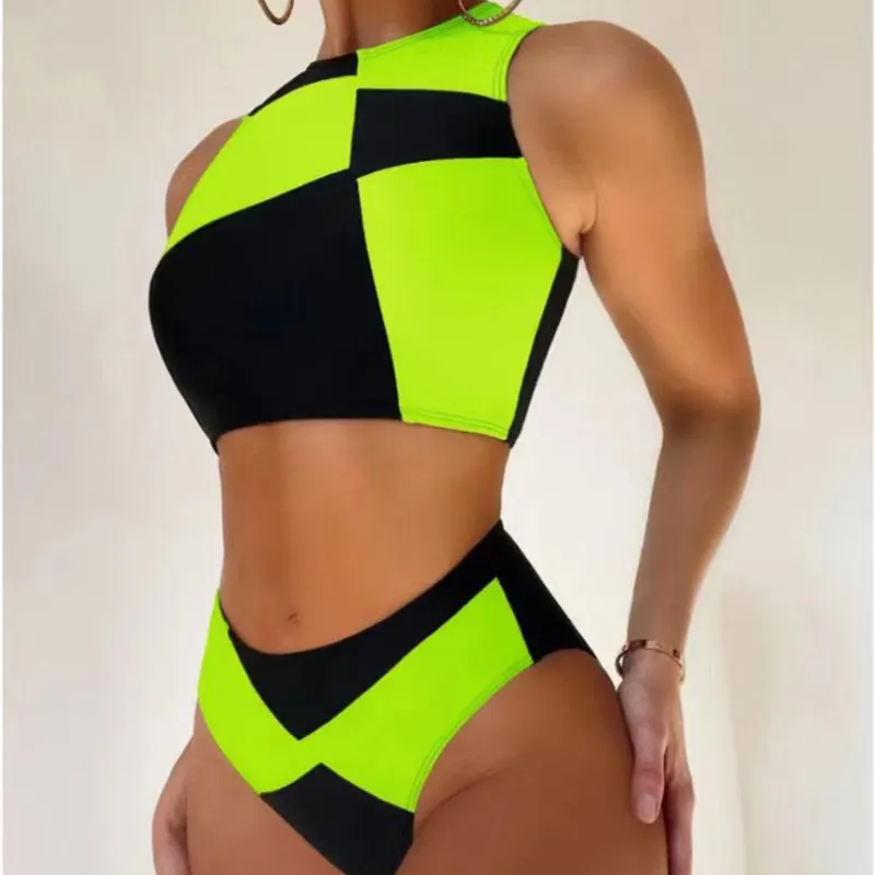 Moda gösterisi 2 parça geometrik desen Beachwear kadın mayo seksi Bikini