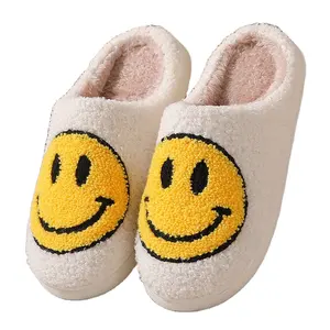 Women's Winter House Fluffy Fur Slippers Cute Smile Pattern Warm PP Material Cotton Plush Shoes for Ladies Flat and Cheap