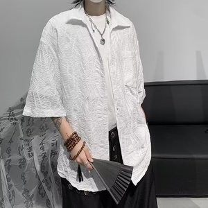 Camisa Negra de Manga Corta Plisada <span class=keywords><strong>sin</strong></span> Planchar Estilo Cubano para Hombre, Diseño Exclusivo con Bordado Jacquard, Chaqueta Cardigan Holgada e Informal - Product Image 4