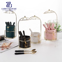 Promotion Couverts Fourchette Couteau Cuillère Ensemble 24pcs Marbre Design Luxe Céramique Poignée PVD Doré Royal Couverts Ensemble avec Support en Fer
