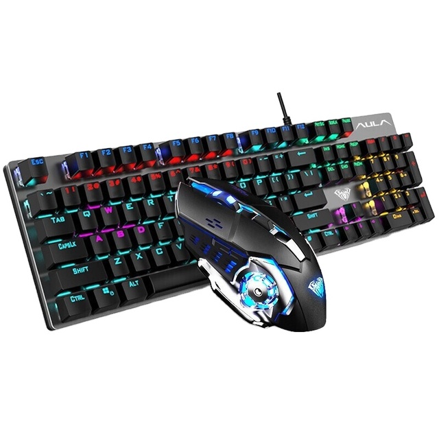 AULA T400 RGB Wired Gaming Keyboard Mouse Combo Cyan Axis Mechanical Waterproof Metal USB Ergonomic 1600 DPI for Laptop/Desktop