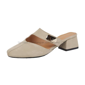 Thick Heel Outwear Elegant Square Toe Cut Out Medium Heel Sals for Women Summer Sexy <b>Slip</b>-on <b>Half</b> Slippers - Product Image 5