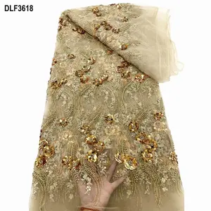 Wholesale Luxurious Tulle Dress Fabric Sequin Wedding Beads Embroidery Bridal Lace Fabric With Sequin And 3D Flowers