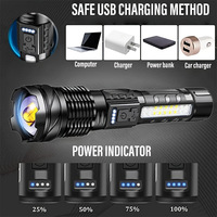Linterna LED de Luz Fuerte, 2000 Lúmenes, Zoom Telescópico, Pantalla de Potencia, Linternas de Mano, Carga Tipo-C, Linterna para Camping