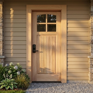 Porte d'entrée en bois massif avec vitre à 4 panneaux arquée, lattes verticales et serrure intelligente, style artisanat américain - Product Image 3