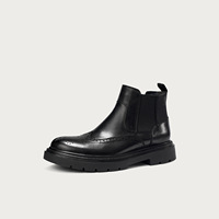 VOGU Sepatu Boots Kulit Asli Pria untuk Musim Gugur/Dingin, Model Ankle & Bootie, Slip-On Anti-Slip, Motif Bunga, Sol Tebal, Sepatu Bisnis