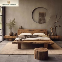 Lit double en bois massif style Wabi-Sabi vintage, couleur bois naturel, lit d'hôtel B&B, lit de style chinois pour chambre principale, lit de rêve 180x200cm