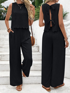 Set Due Pezzi Boho in <span class=keywords><strong>Lino</strong></span> per Donna, Top Senza Maniche con Bottoni e <span class=keywords><strong>Pantaloni</strong></span> a Gamba Larga, Completo Estivo Casual in <span class=keywords><strong>Beige</strong></span> Naturale - Product Image 2