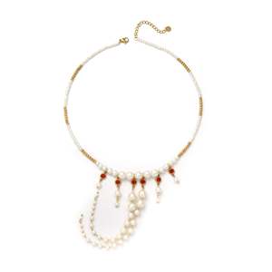 Pearl <b>Necklace</b> With Red Gem Drops Gold Plated Stainless Steel Elegant <b>Statement</b> Jewelry For Women - Product Image 1