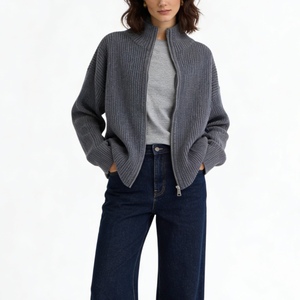 Cardigan zippé côtelé oversize pour femme, col montant, coupe ample, style décontracté, tendance - Product Image 1